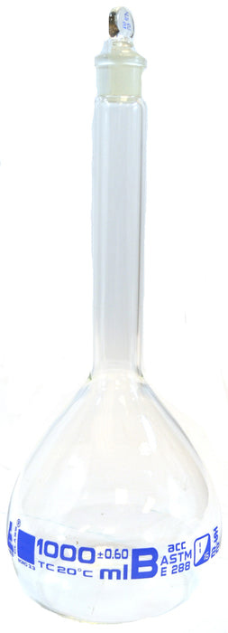 Eisco Labs Borosilicate 1000mL Volumetric Flask with Glass Stopper; Class B; Blue Graduation