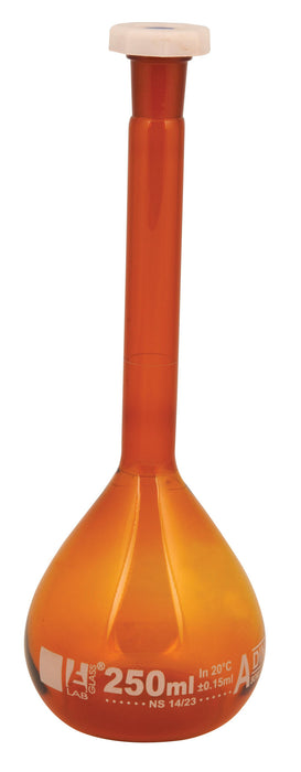 Flask Volumetric Amber class 'A', cap. 100ml, fitted with polypropylene stopper, borosilicate glass