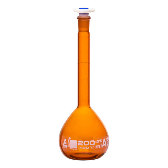 Flask Volumetric Amber class 'A', cap. 200ml, fitted with polypropylene stopper, borosilicate glass
