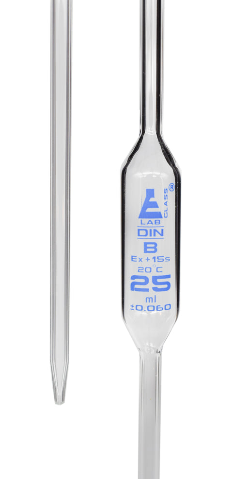Pipette class 'B' 25ml, Borosilicate glass, bulb form, Blue