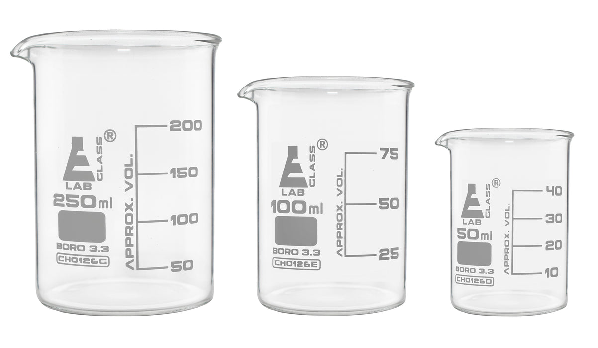 3 Piece Beaker Set - 250mL, 100mL & 50mL - Low Form - Borosilicate Glass