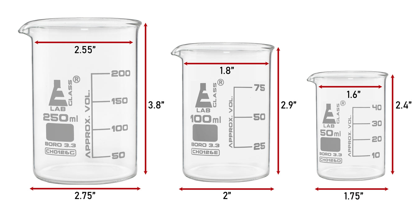 3 Piece Beaker Set - 250mL, 100mL & 50mL - Low Form - Borosilicate Glass