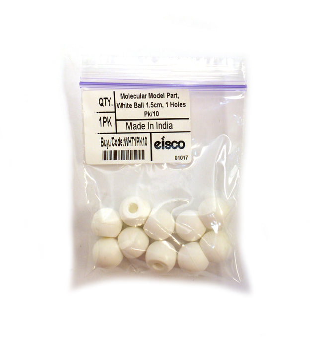 Eisco Labs Molecular Model Part; White Ball; 1.5cm; 1 Hole; Pk of 10