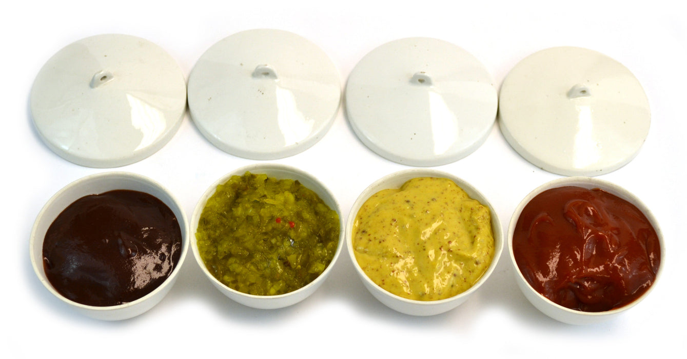 4 Piece Condiment Sauce Dip Bowl Servers with Lids - Hold approx 5 oz Each - Porcelain