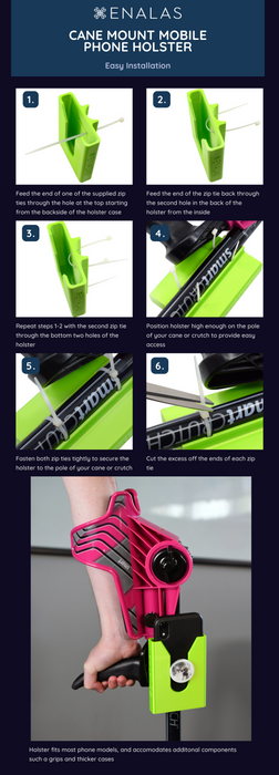 Cane Mount Mobile Phone Holster - Accommodates Most Mobile Phone Models