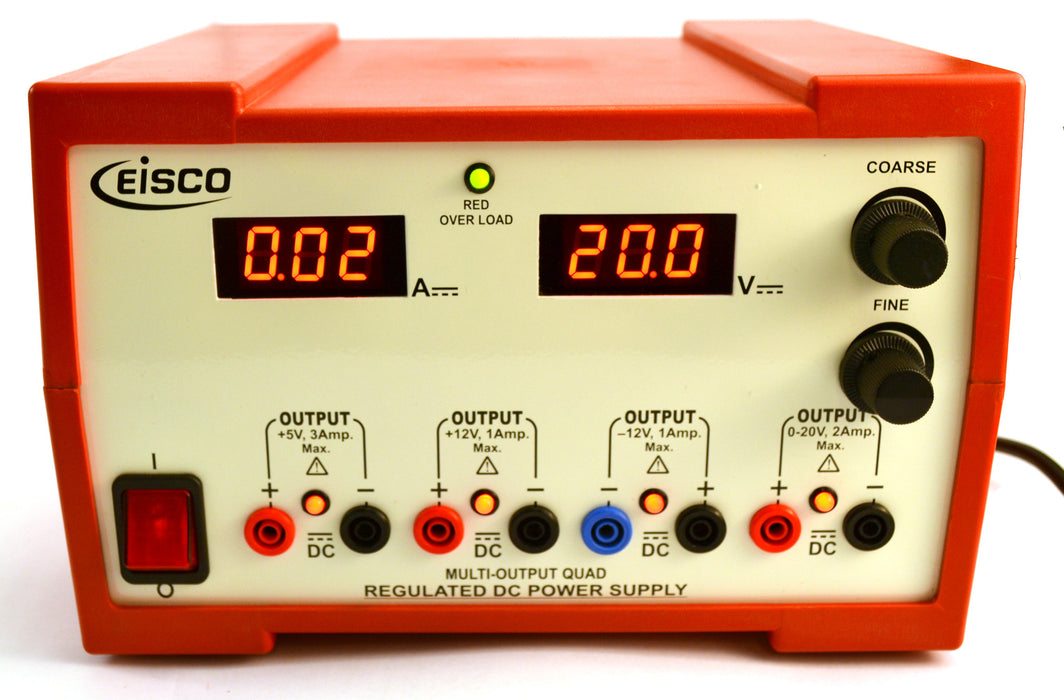 Eisco Labs 4 Output DC Power Supply, Regulated, Dual Adjustment, Independent DC Voltages, [+5V, 3Amp], [+12V, 1Amp], [-12V, 1Amp], [0-20V, 2Amp] - CSA, CE, and RoHS certified