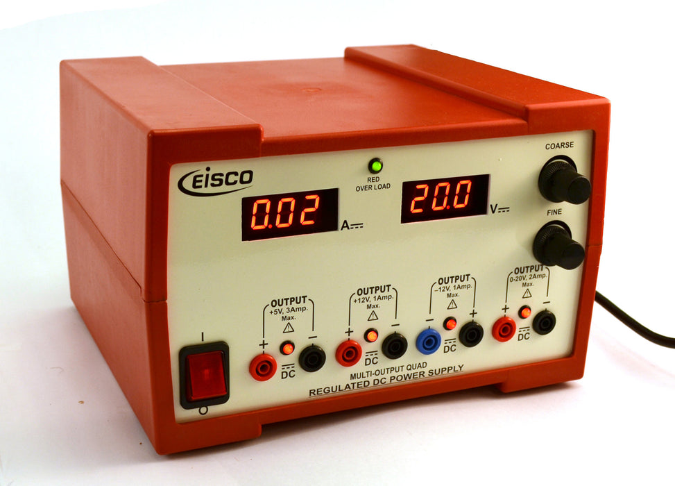 Eisco Labs 4 Output DC Power Supply, Regulated, Dual Adjustment, Independent DC Voltages, [+5V, 3Amp], [+12V, 1Amp], [-12V, 1Amp], [0-20V, 2Amp] - CSA, CE, and RoHS certified