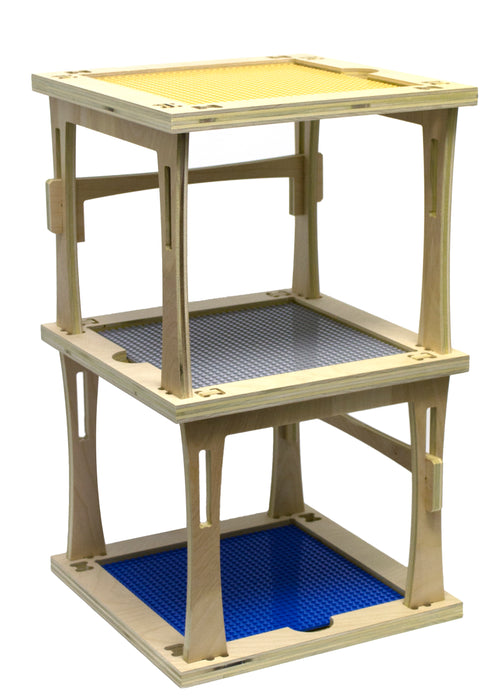 3 Level Stackable Wooden Tower for Building Bricks, 22" Tall - Assemble Yourself, Made in the US - Compatible with All Major Brands - Comes with 3 10"x10" Thick Compatible Base Plates