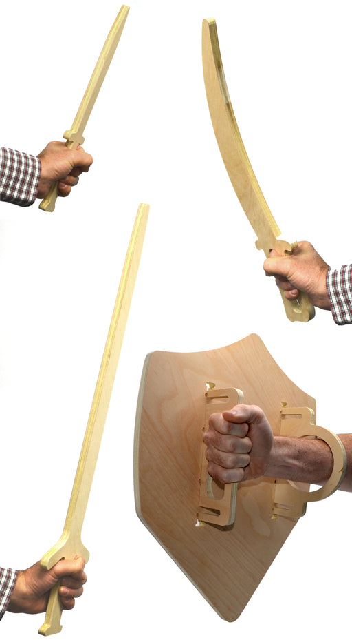 Wooden Full Weapon Armory - (1) 18.5" Cutlass, (1)  13.5" Dagger, (1) 25.5" Sword, (1) 18" Shield - Made in the U.S.A. - The Imagination Series by hBAR
