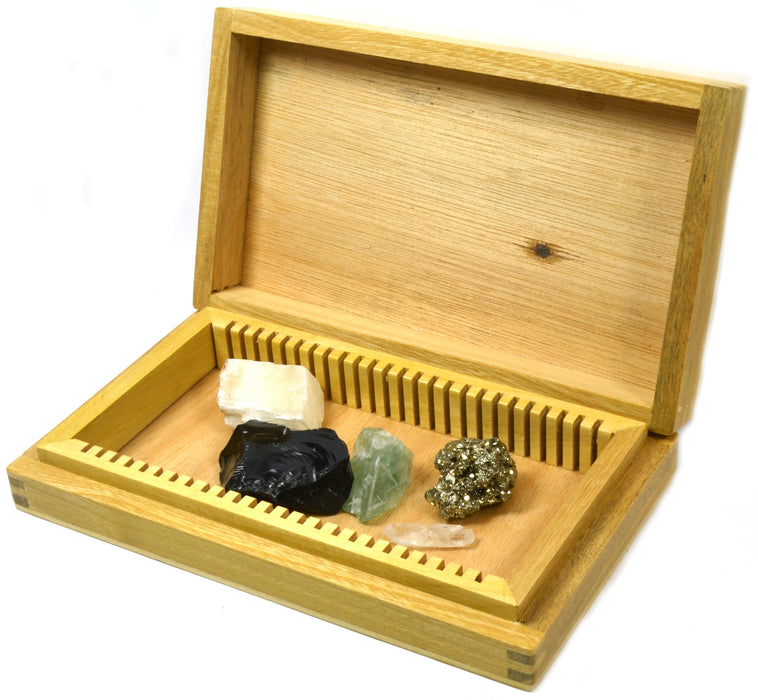 Pirate's Booty - Set of 5 Rock and Mineral Specimens in Wooden "Chest" - Fool's Gold, Obsidian, Quartz, Fluorite, and Calcite Crystals