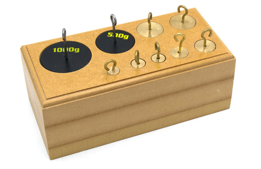 Hooked Weights, Set of 9 weights, 10-1000g in wooden block with weights of 1 kg & 500gm in steel