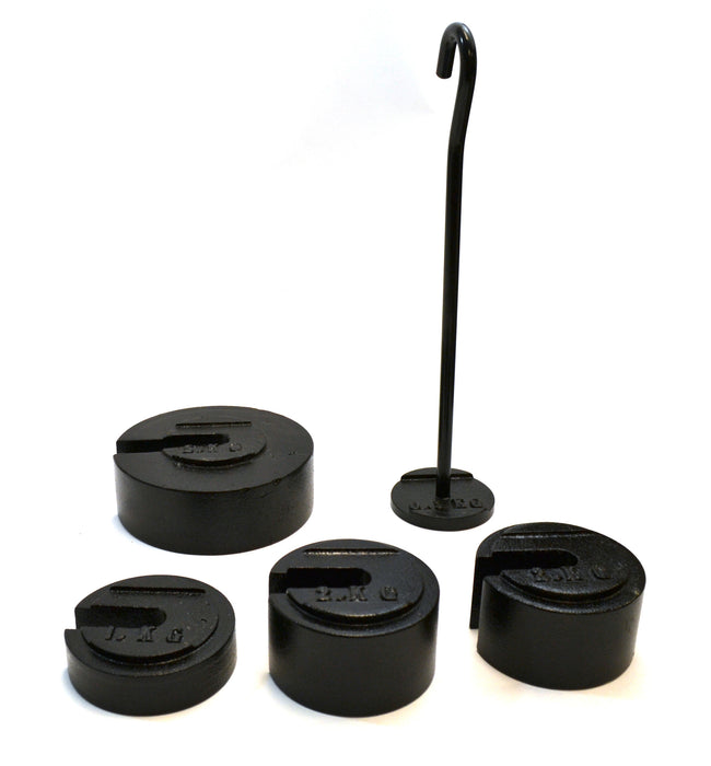 Eisco Labs 5 Piece, 10 Kg Stackable Cast Iron Slotted Mass Set - (1) 5 Kg, (2) 2 Kg, (1) 1 Kg, (1) 0.5 Kg Hanger