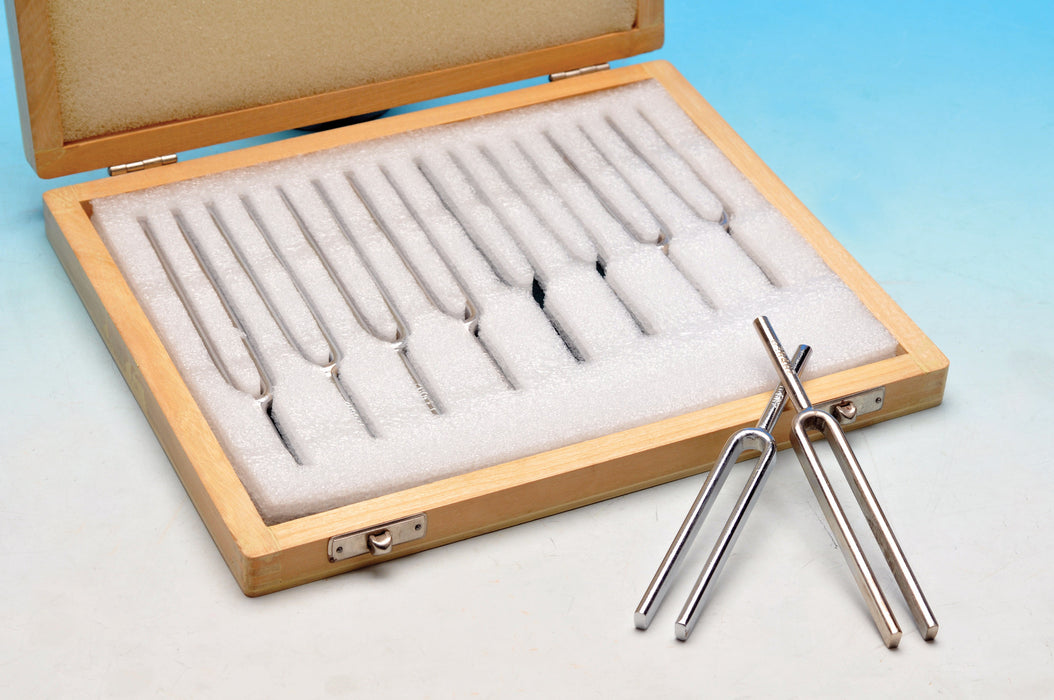 Eisco Labs Scientific Steel Tuning Forks, Set of 8 (Scientific Pitch, C4 = 256Hz) with Wooden Case - Designed for Physics Experiments