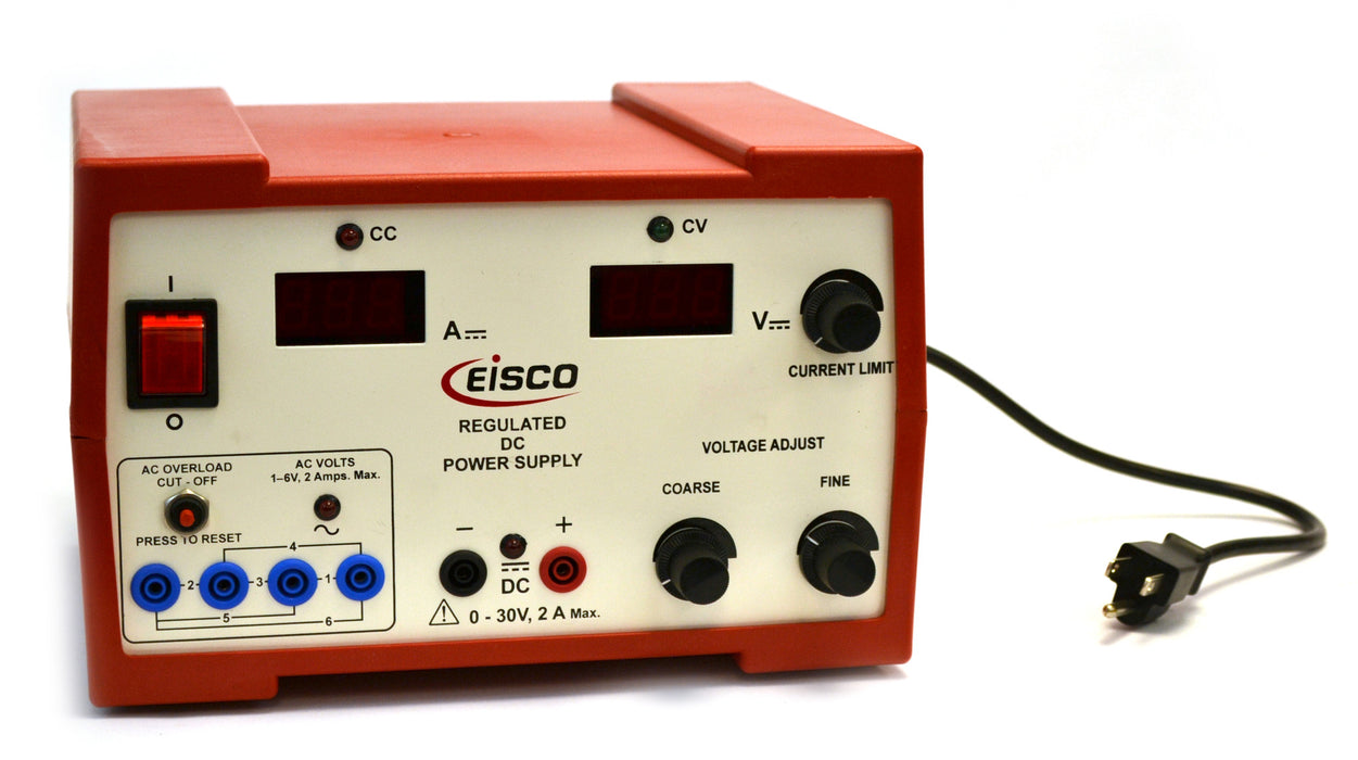 Eisco Labs Regulated DC and Standard AC Power Supply 0 - 30V / 2 Amp - Coarse and Fine Voltage Adjustment, AC 1-6V (1V increments)