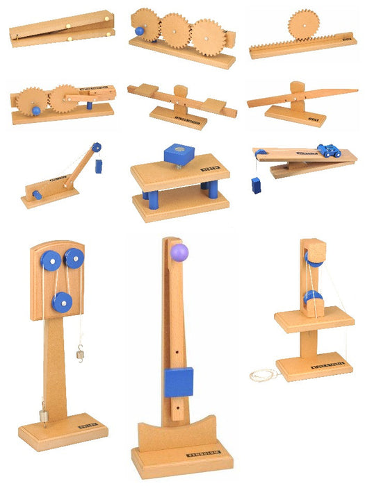Eisco Labs Simple Machines, Complete Set of 12 - Inclined Plane, Gear Train Model, Pulley Model, Pendulum, Wedge, Gear Rack, Motion Converter, Fulcrum Balance, Simple Lever, Wheel & Axle Model, Screw, Block & Tackle