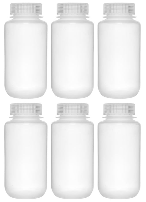 6PK Reagent Bottles, 250ml - Wide Neck with Screw Cap - Polypropylene