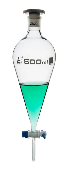 Dropping Funnel, 500mL - Squibb - With 24/29 Plastic Stopper & PTFE Key Stopcock - Borosilicate Glass