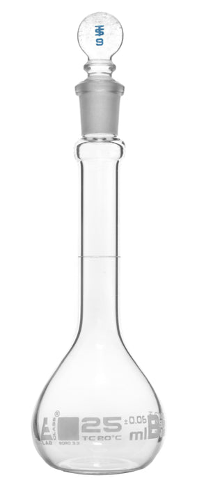 Volumetric Flask, 25ml - Fitted with Solid Glass Stopper - Class B, Tolerance ?é??0.060 ml - White Graduation Mark - Borosilicate Glass - Eisco Labs