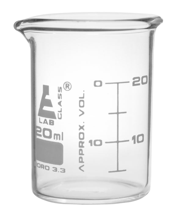 12PK Beakers, 20ml - ASTM - Low Form - Graduated - Borosilicate Glass