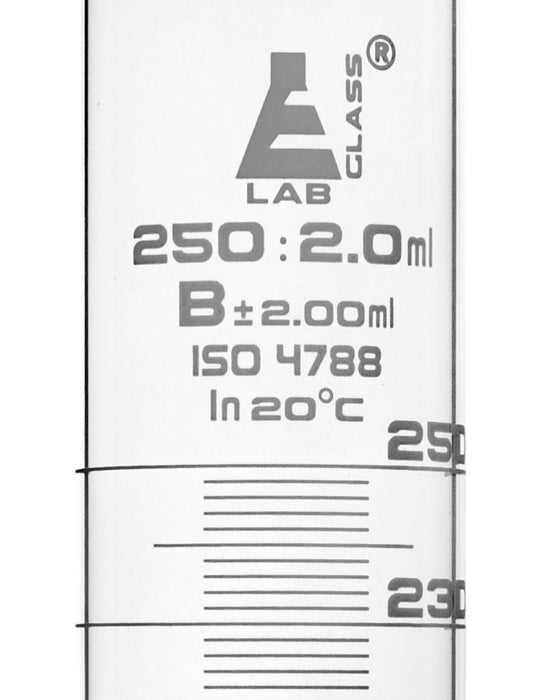 Graduated Cylinder, 250ml - Class B - White Graduations - Hexagonal Base