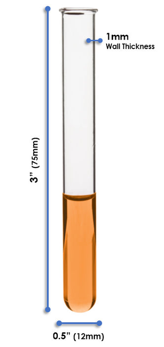 100PK Test Tubes, 7mL, 12x100mm - Rimmed - Light Wall, 1mm Thick - Borosilicate 3.3 Glass