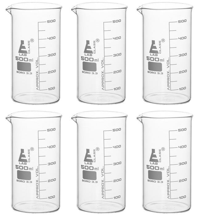 6PK Beakers, 500ml - Tall Form - Graduated - Borosilicate Glass