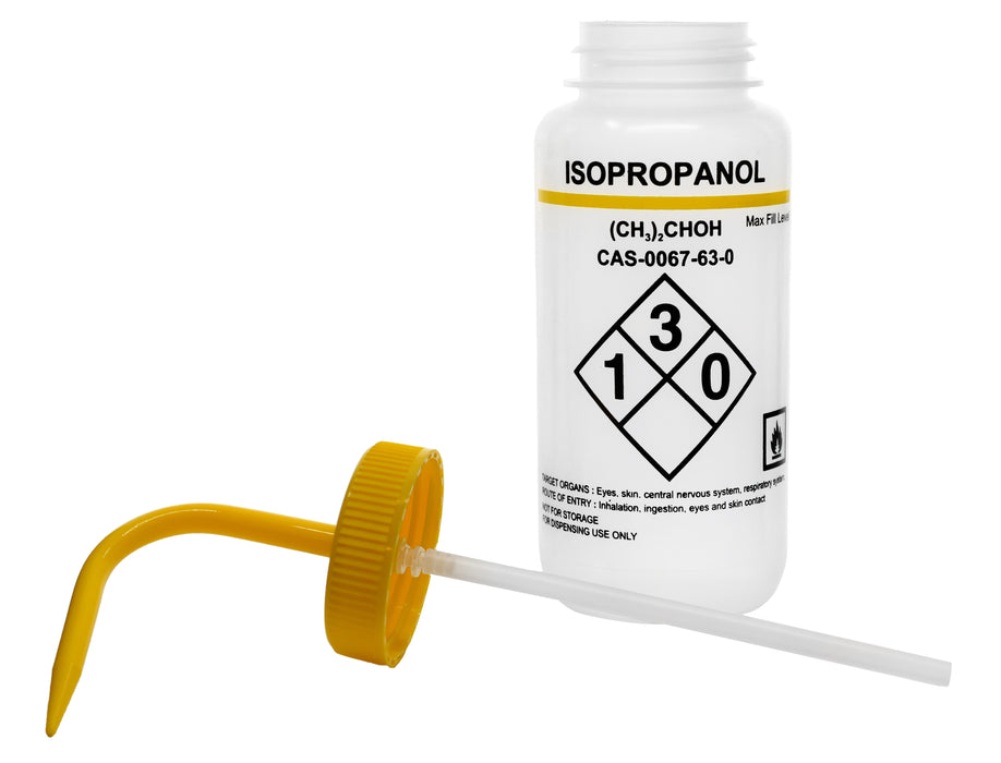 500ml Capacity Labelled Wash Bottle for Isopropanol - Color Coded Yellow - Self Venting, Low Density Polyethylene - Eisco Labs