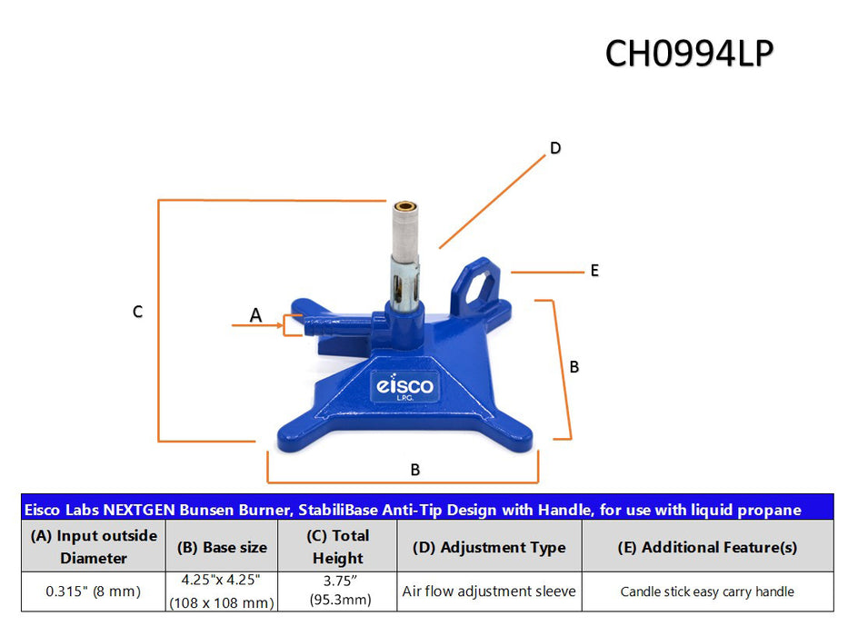 Micro Bunsen Burner, LPG - StabiliBase, Anti-Tip Design - Eisco Labs