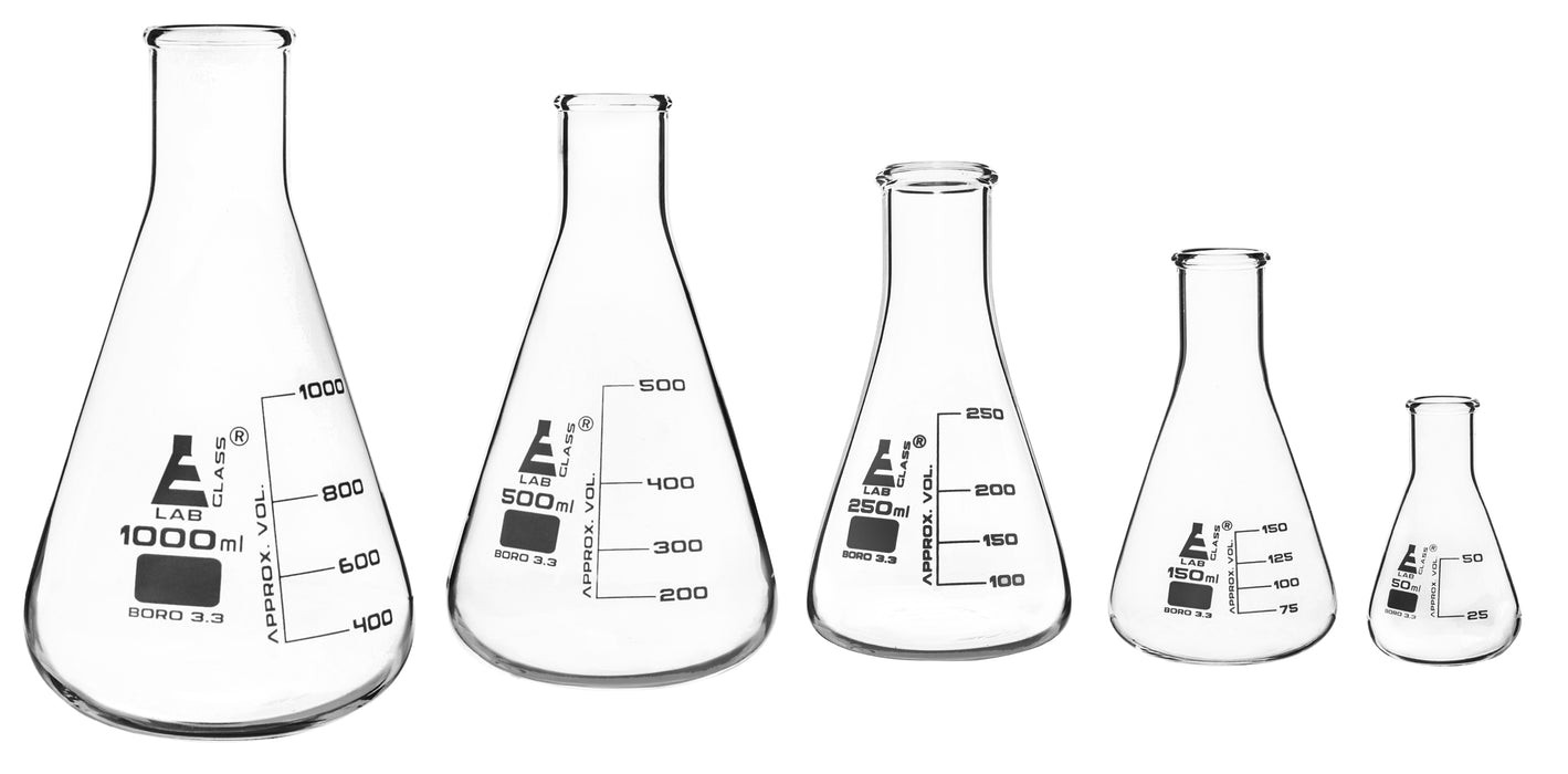 Erlenmeyer Flask Set, 5 Pieces - 50ml, 150ml, 250ml, 500ml & 1000ml - Narrow Neck, White Graduations - Borosilicate Glass - Eisco Labs