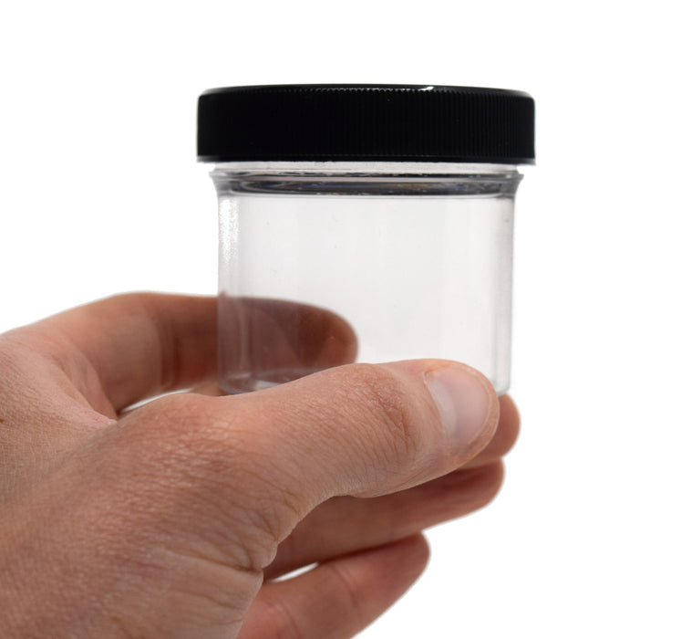 Set of 6 - 60ml (2oz) Clear Polystyrene Jars, Black Polypropylene Caps with Polyethylene Foam Liner - hBAR