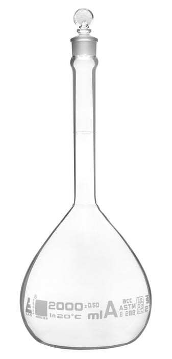 Volumetric Flask, 2000ml - Fitted with Solid Glass Stopper - Class A, Tolerance ?é??0.50ml - White Graduation Mark - Borosilicate Glass - Eisco Labs