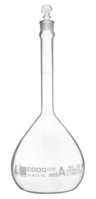 Volumetric Flask, 2000ml - Fitted with Solid Glass Stopper - Class A, Tolerance ±0.50ml - White Graduation Mark - Borosilicate Glass - Eisco Labs