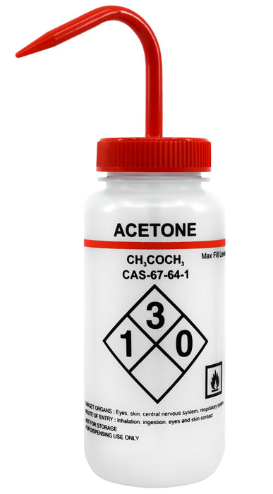 500ml Capacity Labelled Wash Bottle for Acetone - Color Coded Red - Self Venting, Low Density Polyethylene - Eisco Labs
