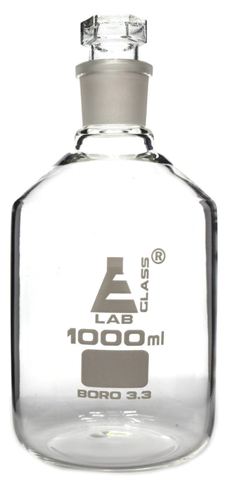 Reagent Bottle, 1000mL - Clear - Narrow Neck - With Interchangeable Hexagonal Glass Stopper - Borosilicate Glass