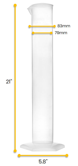 Graduated Cylinder, 2000mL - Class B - Hexagonal Base - Raised Graduations - Polypropylene Plastic