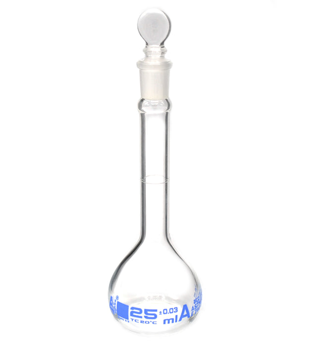 25ml ASTM Volumetric Flask w/ Glass Stopper - Class A - Blue Graduation - Eisco Labs