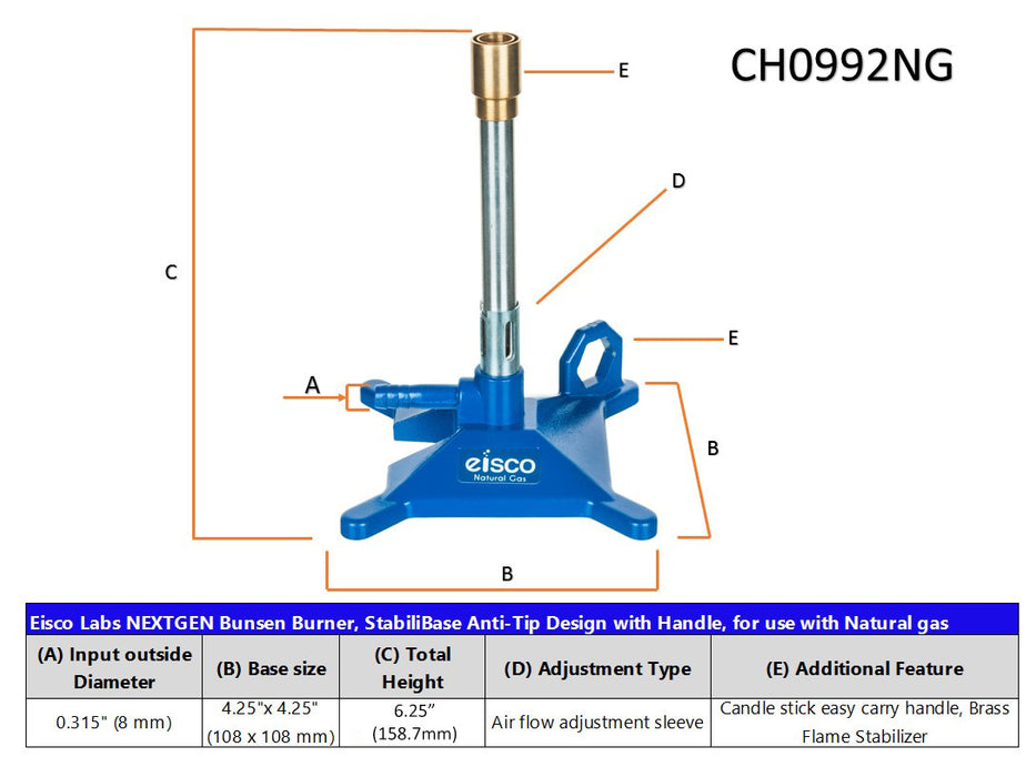 Bunsen Burner, Natural Gas - Flame Stabilizer, StabiliBase, AntiTip