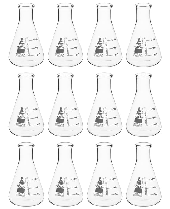 12PK Erlenmeyer Flasks, 100mL - Narrow Neck - Borosilicate Glass