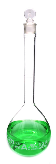 Volumetric Flask, 250ml - Class A, ASTM - Tolerance ±0.120 ml - Glass Stopper - Single, White Graduation