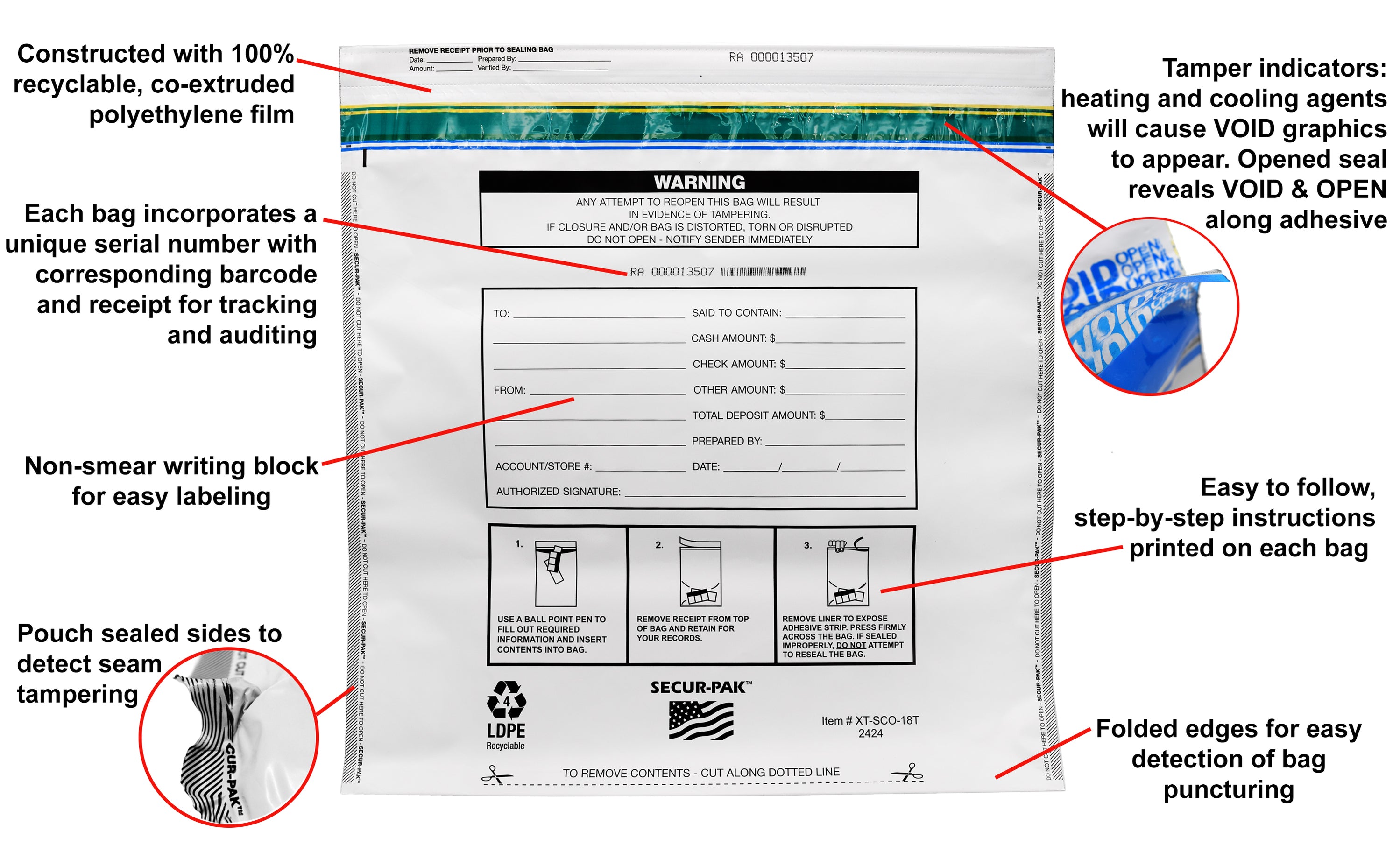 Secur-Pak Deposit Bags - Pack Of 100 - Bill Capacity, 6,000 - Premium, Level 4 Security Tamper Evident, White Security Bags - Self Sealing, Opaque 2.5 Mil Plastic - 15" X 20" - SECUR-PAK - View #5