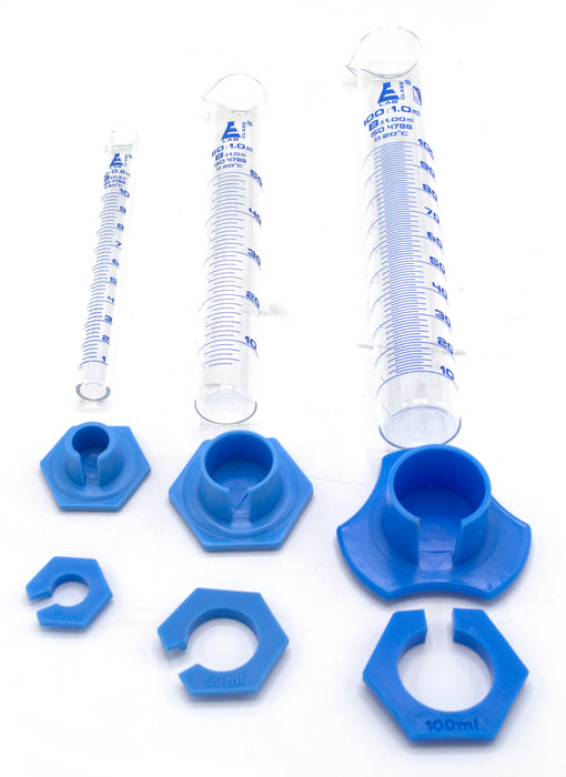 Graduated Cylinder Set - Class B - 10mL, 50mL & 100mL - Detachable, Plastic Hexagonal Bases & Protective Collars - Blue Graduations - Borosilicate Glass