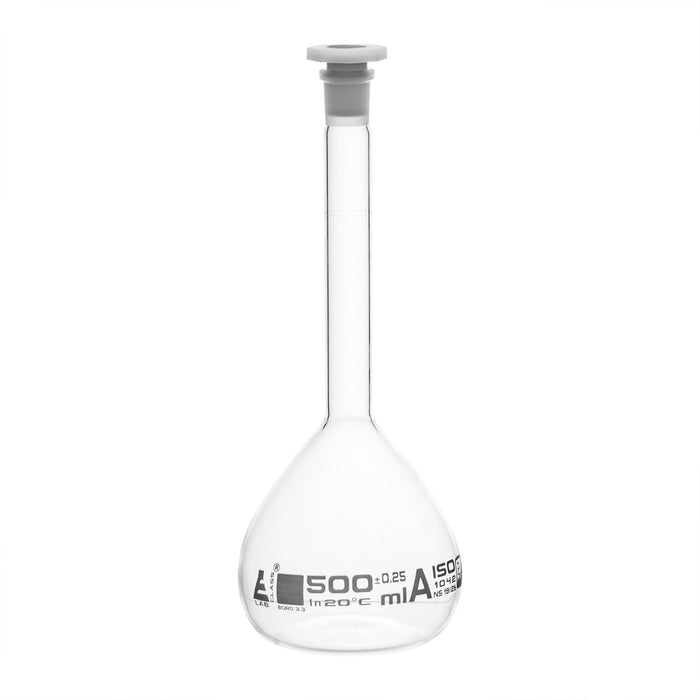 Volumetric Flask, 500ml - Class A - 19/26 Polyethylene Stopper, Borosilicate Glass - White Graduation, Tolerance ±0.250