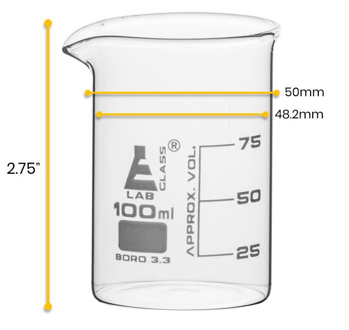 12PK Beakers, 100ml - Low Form - 25ml Graduations - Borosilicate Glass