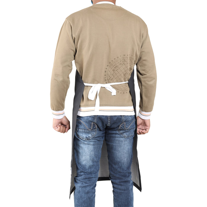 medium black rubberized apron on model back