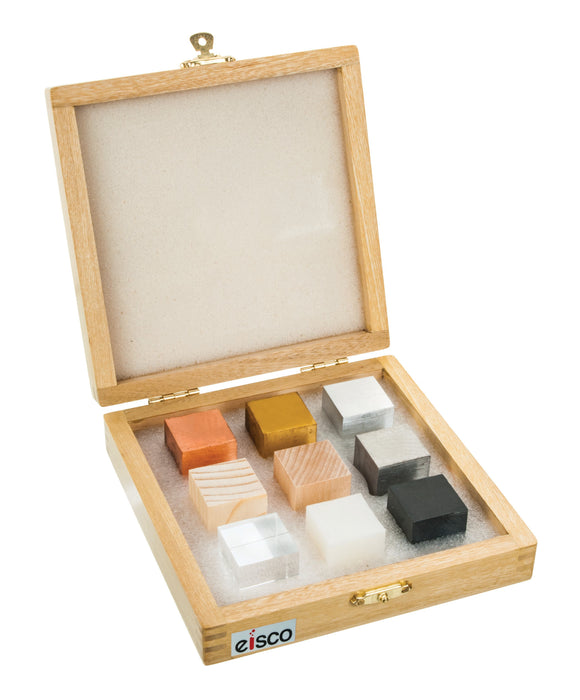 Density Cube Set, 9 pcs - Includes Brass, Iron, Copper, Aluminum, Hardwood, Softwood, Nylon, PVC, Acrylic