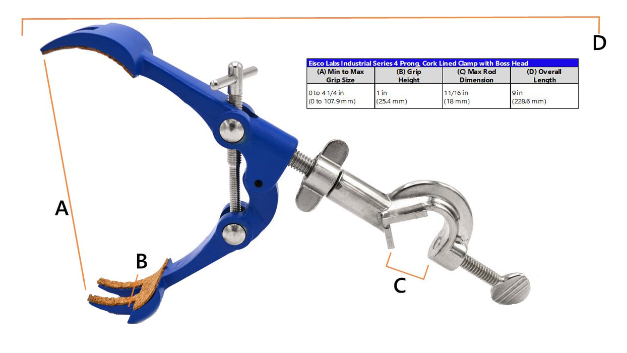 4 Prong, Cork Lined Clamp on Swivel Bosshead - 4.1" Max Opening