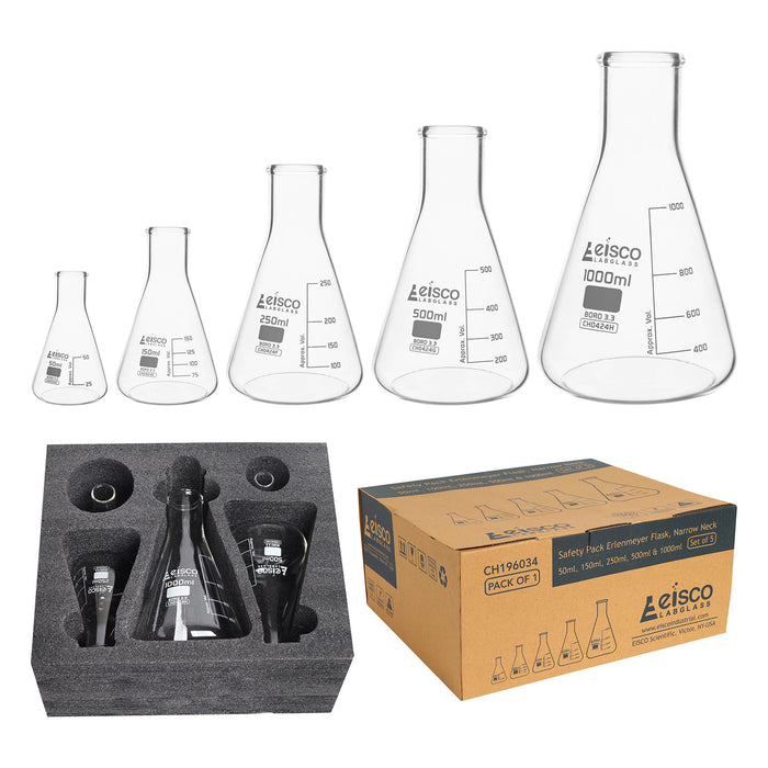 Premium Erlenmeyer Flask Set - 50ml, 150ml, 250ml, 500ml & 1000ml - Narrow Neck, White Graduations - Superior Durability & Chemical Resistance - Borosilicate 3.3 Glass - Eisco Labs