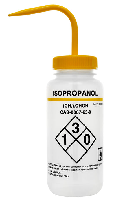 500ml Capacity Labelled Wash Bottle for Isopropanol - Color Coded Yellow - Self Venting, Low Density Polyethylene - Eisco Labs