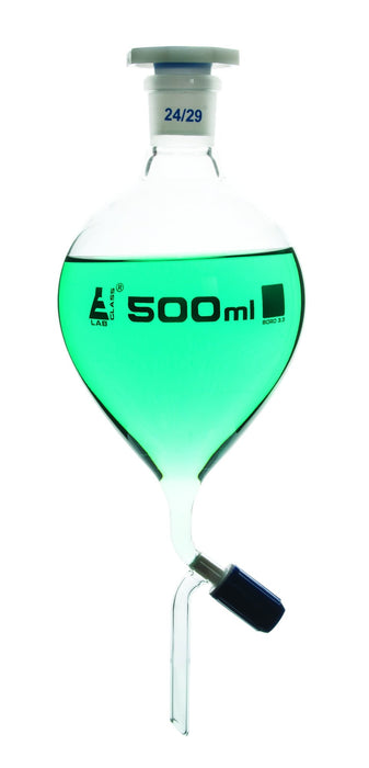 Dropping Funnel, 500mL - Pear-Shaped - With 24/29 Plastic Stopper & Screw-Type Rotaflow Stopcock - Borosilicate Glass