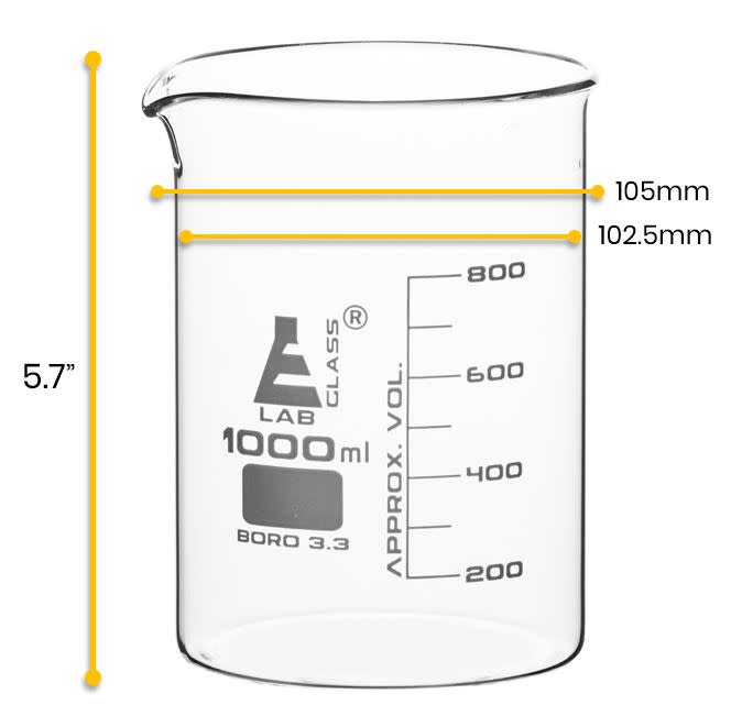 6PK Beakers, 1000ml - Low Form - Graduated - Borosilicate Glass